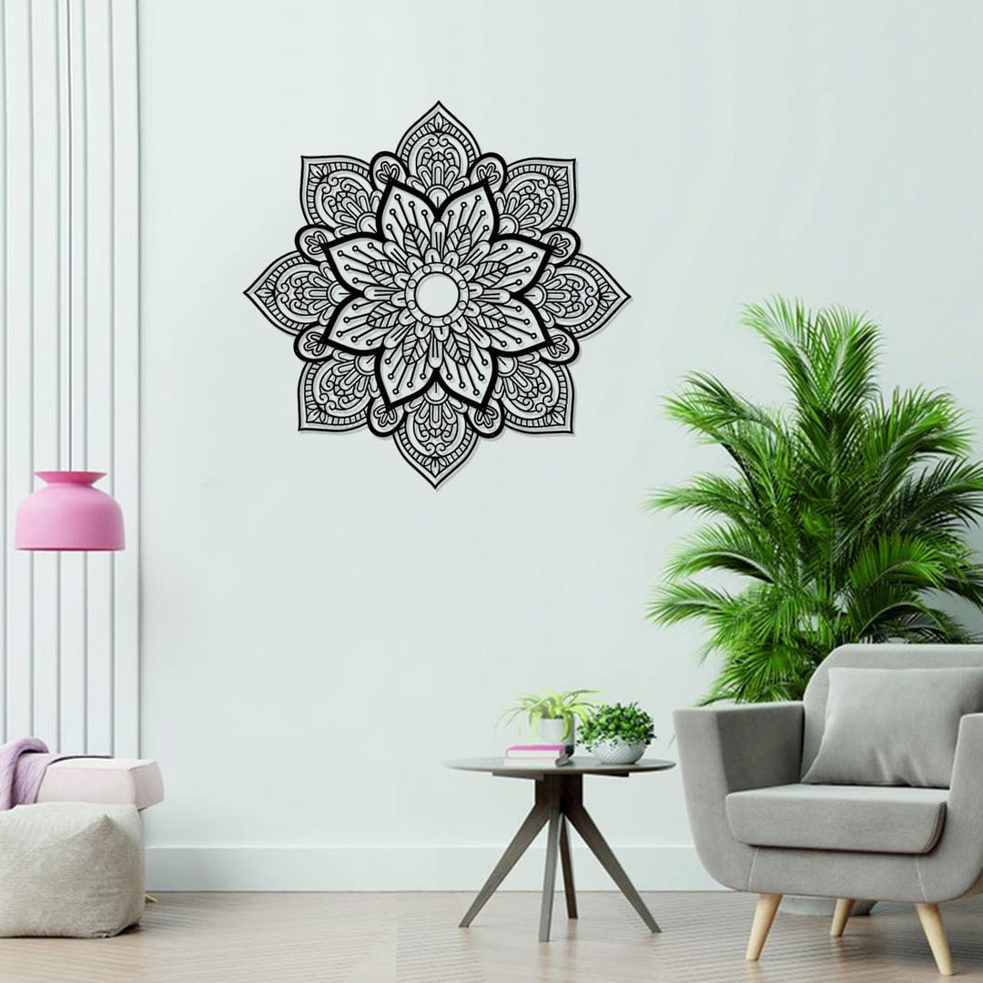 ResamaBlack Large Metal Round Mandala Wall Decor, Unique Lotus Flower Wall Art for Living Room Bedroom Bathroom Corridor Home room and Office decoration