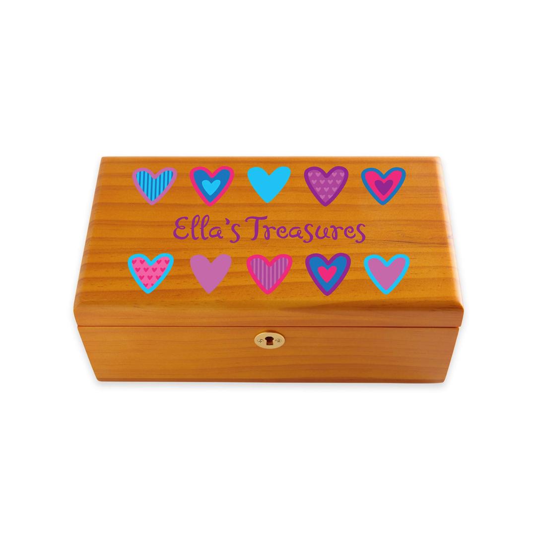 Let's Make Memories - Personalized Children's Keepsake Box - All Her Treasures with Lock & Key - Customize with Name or Any Message - for Jewelry, Pictures and Mementos - Made of Oak - 9"x5"x3 1/2"