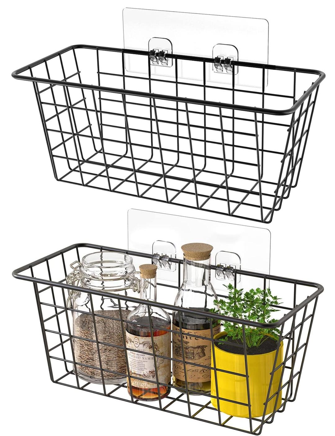 MaraFansie Hanging Kitchen Baskets Wire Storage Basket Over the Cabinet Door Organizer, No Drilling Adhesive Basket for Cabinet Pantry Organization and Kitchen, Bathroom, Storage, 2 Pack, Black