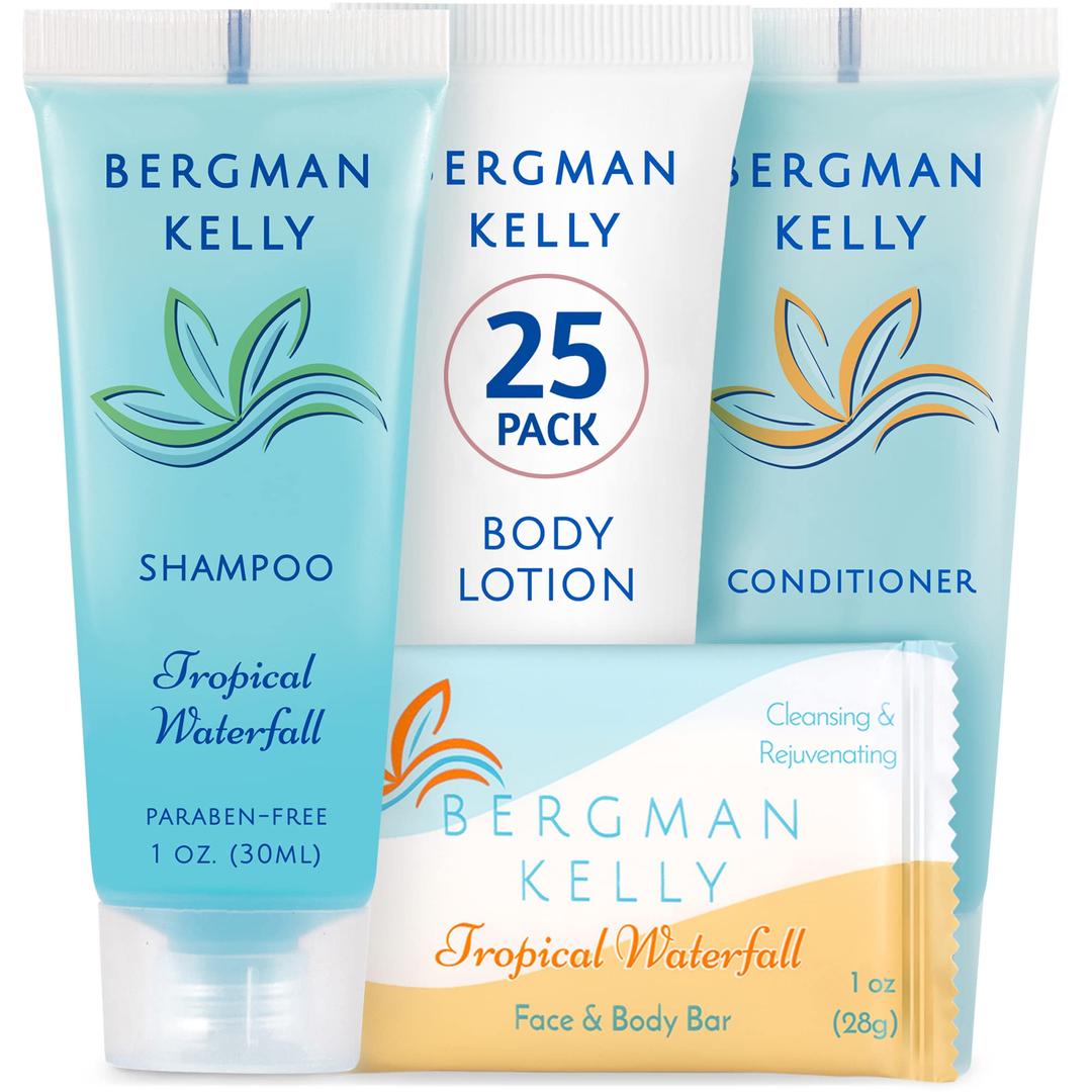 BERGMAN KELLY Hotel Toiletries Bundle (Tropical Waterfall, 1 oz each, 100 Pcs) 4-Piece Set: 25 Rectangular Bar Soap, 25 Shampoo, 25 Conditioner & 25 Body Lotion - Bulk Mini Guest Amenities Supply