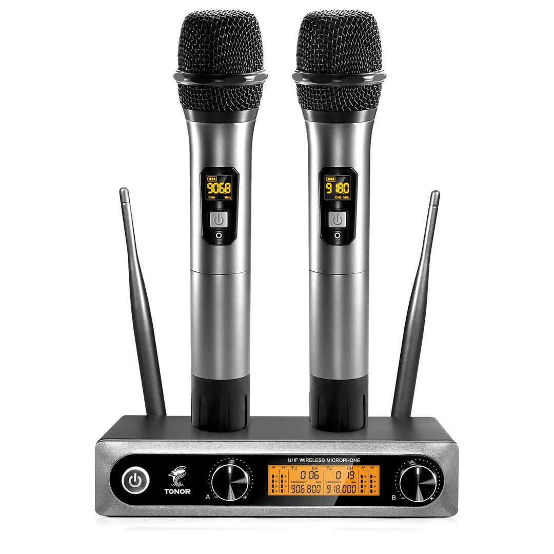 TONORWireless Microphone,Metal Dual Professional UHF Cordless Dynamic Mic Handheld Microphone System for Home Karaoke, Meeting, Party, Church, DJ, Wedding, Home KTV Set, 200ft(TW-820)