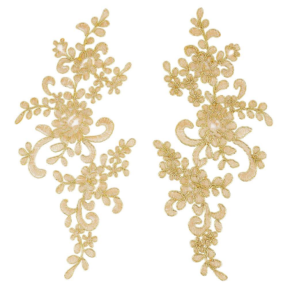 HOBBIESAY 4Pcs Embroidery Lace Appliques Golden Leaf Flowers Patches Polyester Decorative Floral Appliques Dress Gown Sewing Decorations for Fabric DIY Crafting 22.9x10.2cm