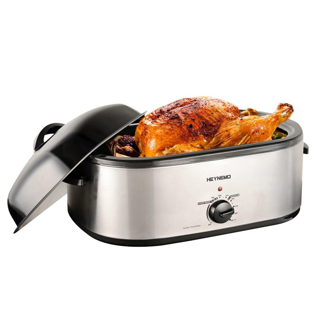 Kiss the Water Roaster Oven 22 Quart Electric, Turkey Roaster with Lid Glass Window Design, Large Stainless Steel Electric Turkey Roaster Oven Fits Turkeys Up to 26Lb