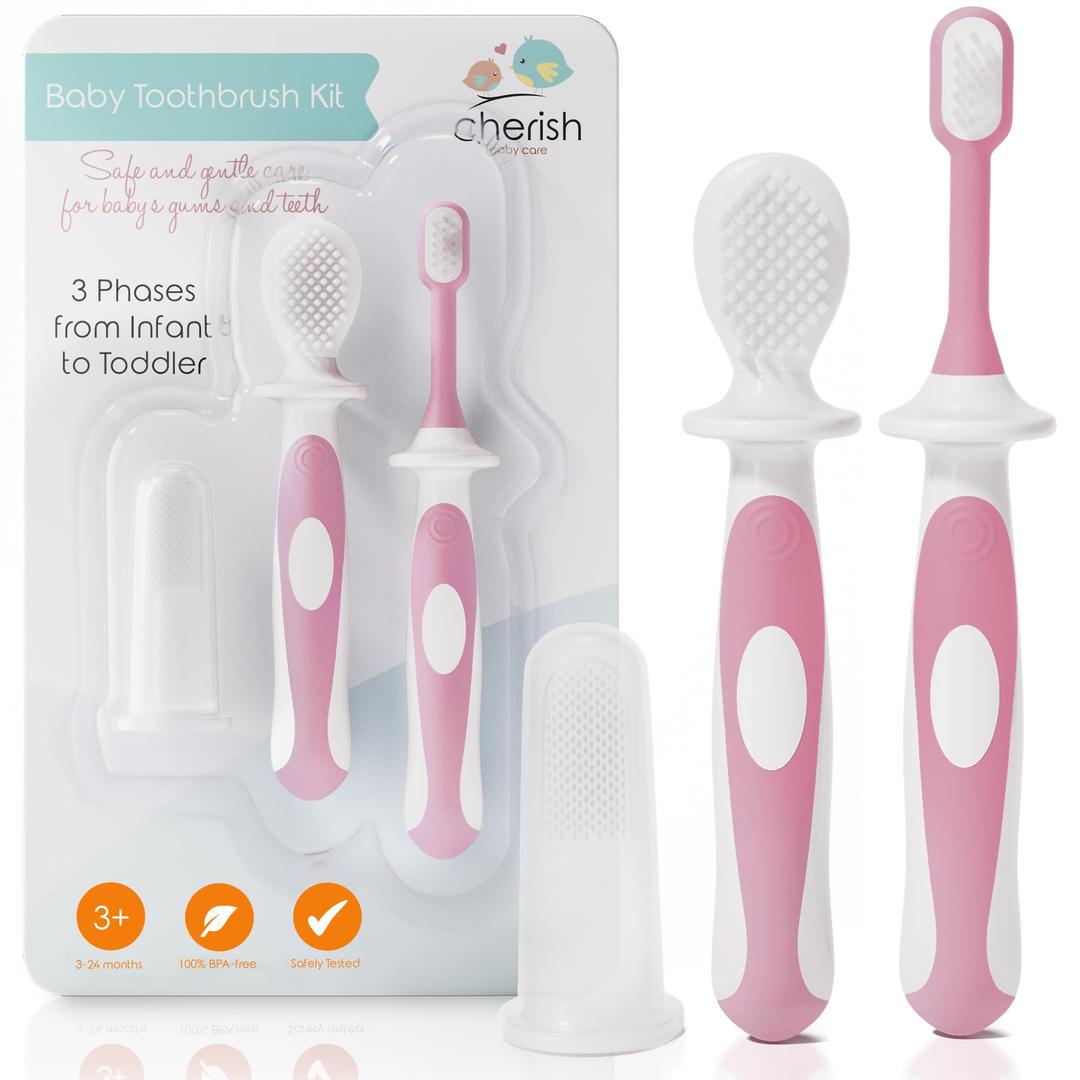 Cherish Baby Care Award-Winning Baby Toothbrush Set (3-24 Months) - Baby Finger Toothbrush, Training Toothbrush & Toddler Toothbrush - BPA-Free Infant Toothbrush Set, Baby First Toothbrush Set (Pink)