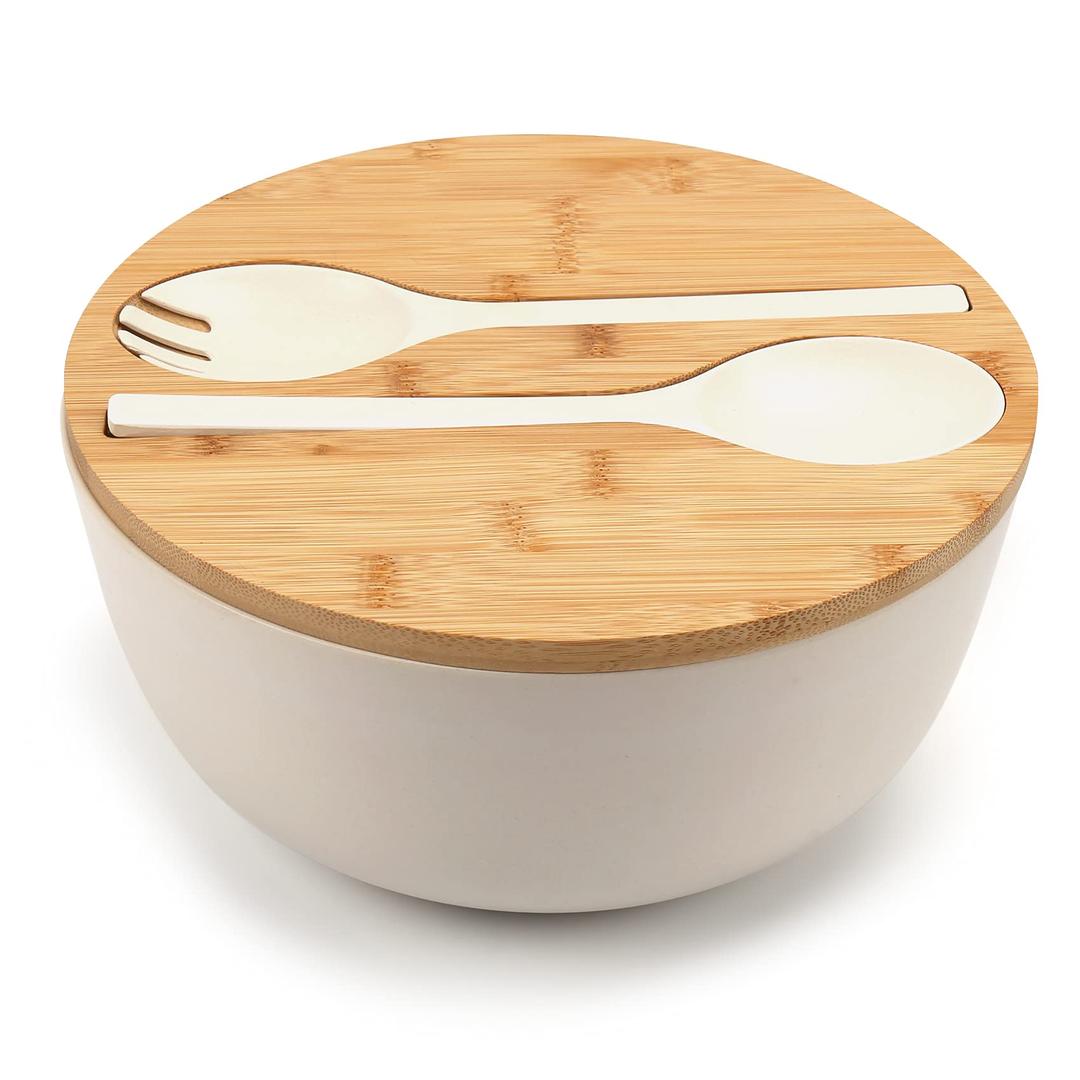 ShineMe Large Salad Bowl with Lid, Bamboo Fiber Salad Serving Bowl Set with Utensils, 9.8inches Mixing Bowl with Servers, Solid Big Bowl for Salad, Popcorn, Fruits, Vegetable, and Decoration(White)