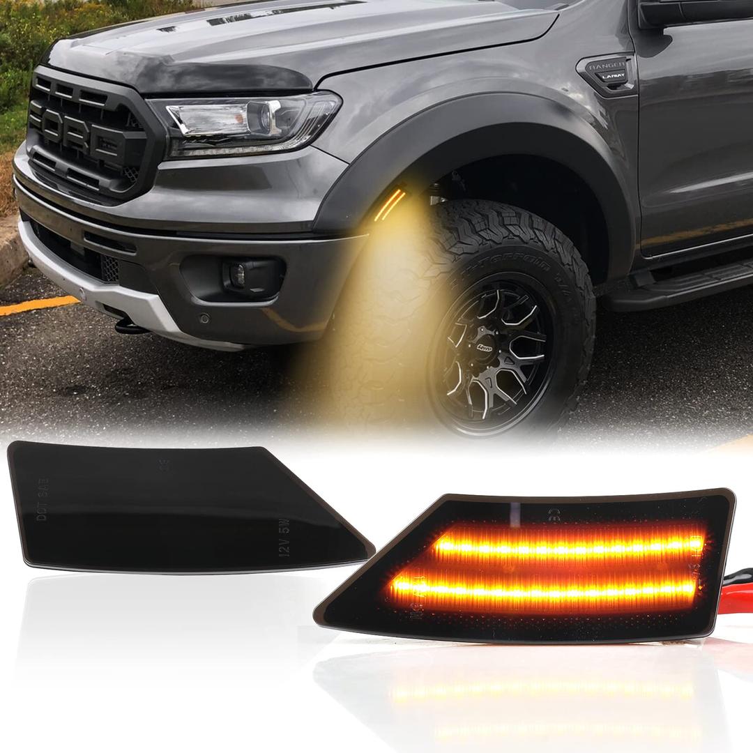 LED Side Marker Lights for Ford Ranger Lariat XL XLT 2019 2020 2021 2022 Ranger Smoked Lens Black Side Markers Fender Lamp Full Amber LED Strip Front Bumper Side Marker Turn Signals Side Light Lamps