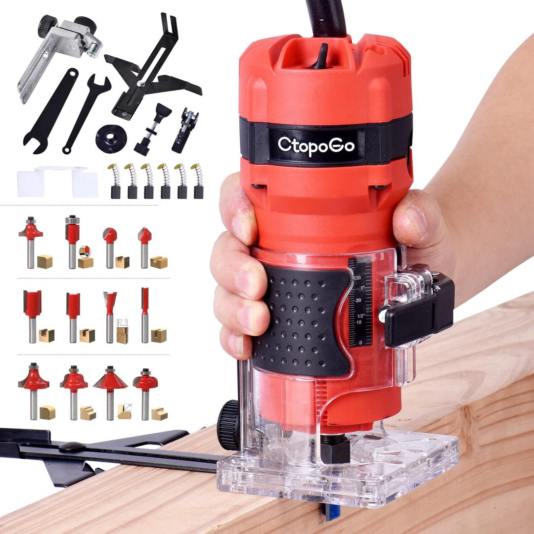 CtopoGo Compact Wood Palm Router Tool Hand Edge Trimmer Woodworking Joiner Cutting Palmming Tool 30000R/MIN 800W 220V with 12PCS 1/4" Router Bits