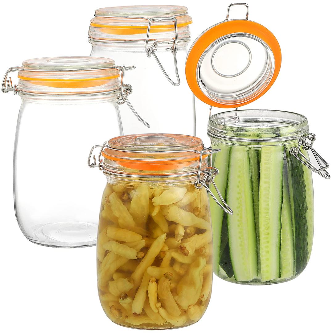 Wide Mouth Mason Jars, 4Pcs 32 oz Glass Jars with Airtight Lid Large Mason Canning Jars Clear Storage Canister Jars with Measurement Marks for Canning Flour Jam Jelly Coffee Sugar Beans