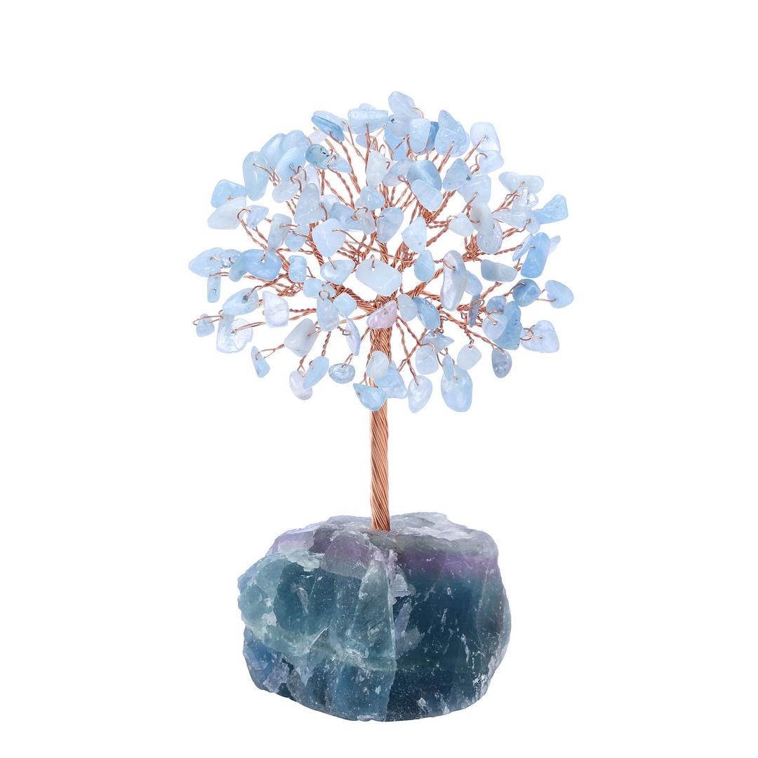 JoviviNatural Aquamarine Crystal Tree, Raw Healing Crystals Fluorite Base Bonsai Money Tree for Home Office Table Decor Wealth and Luck