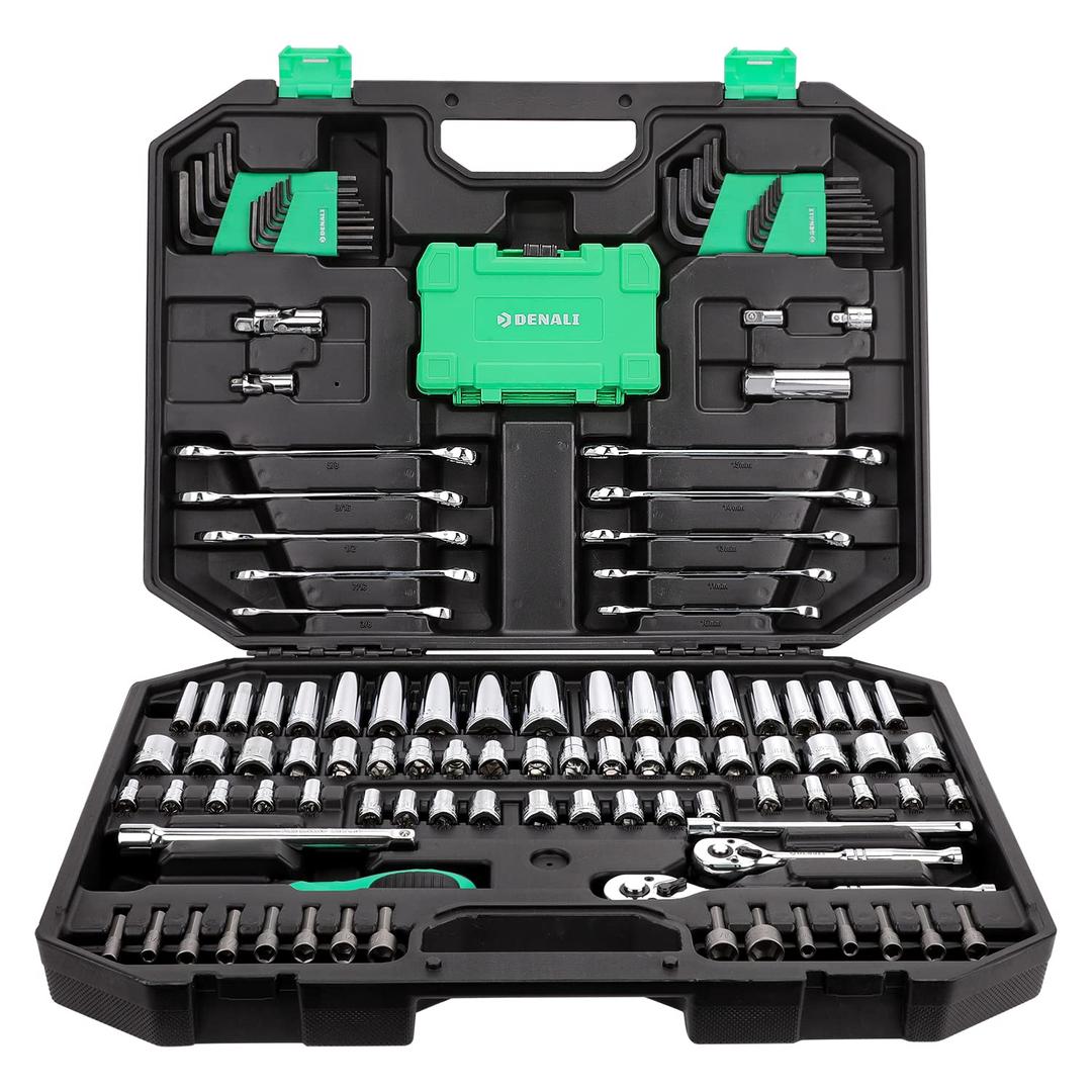 Amazon Brand - Denali 142-Piece Mechanics Tool Kit and Socket Set, 19 x 14.2 x 3.9 in