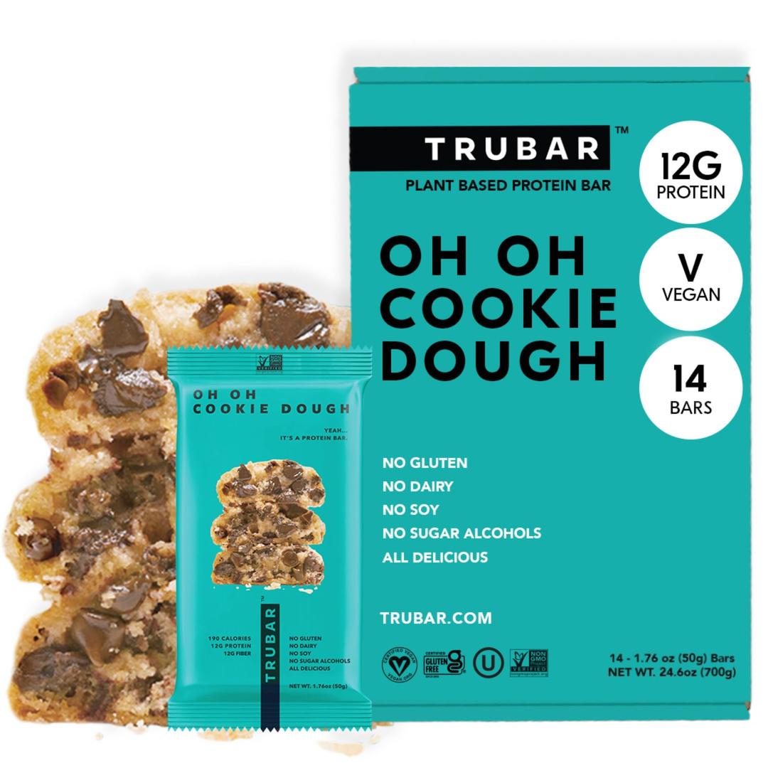 TRUBAR Vegan Protein Bar, Oh Oh Cookie Dough, Gluten Free, Plant Based Protein, Dairy Free, Non GMO, Soy Free, No Sugar Alcohols, 12G Protein, 13G Fiber, 23G Carb, Healthy on the Go Snack Bars, 14 CT