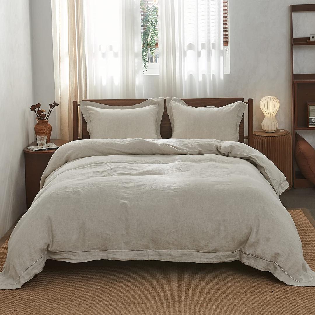 Simple&Opulence King Size Duvet Cover Sets,100% Linen,Cozy Breatherable Washed Linen Bedding with Embroidery Pillowcases,Quilt Cover with Button Closure,230cm x 220cm,Natural Linen