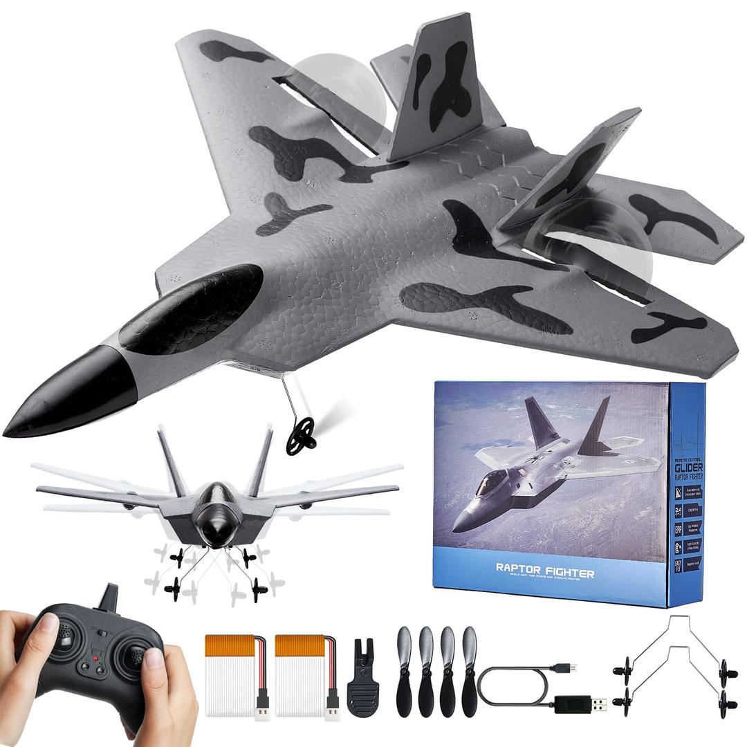 VEVOR RC Plane 2 Channel, Remote Control Airplane 2.4GHZ with 6-Axis Gyro Stabilizer&2 Batteries, F-22 Fighter Aircraft Plane Toy for Adults Kids Beginners Boys Birthday/Xmas Child Gift