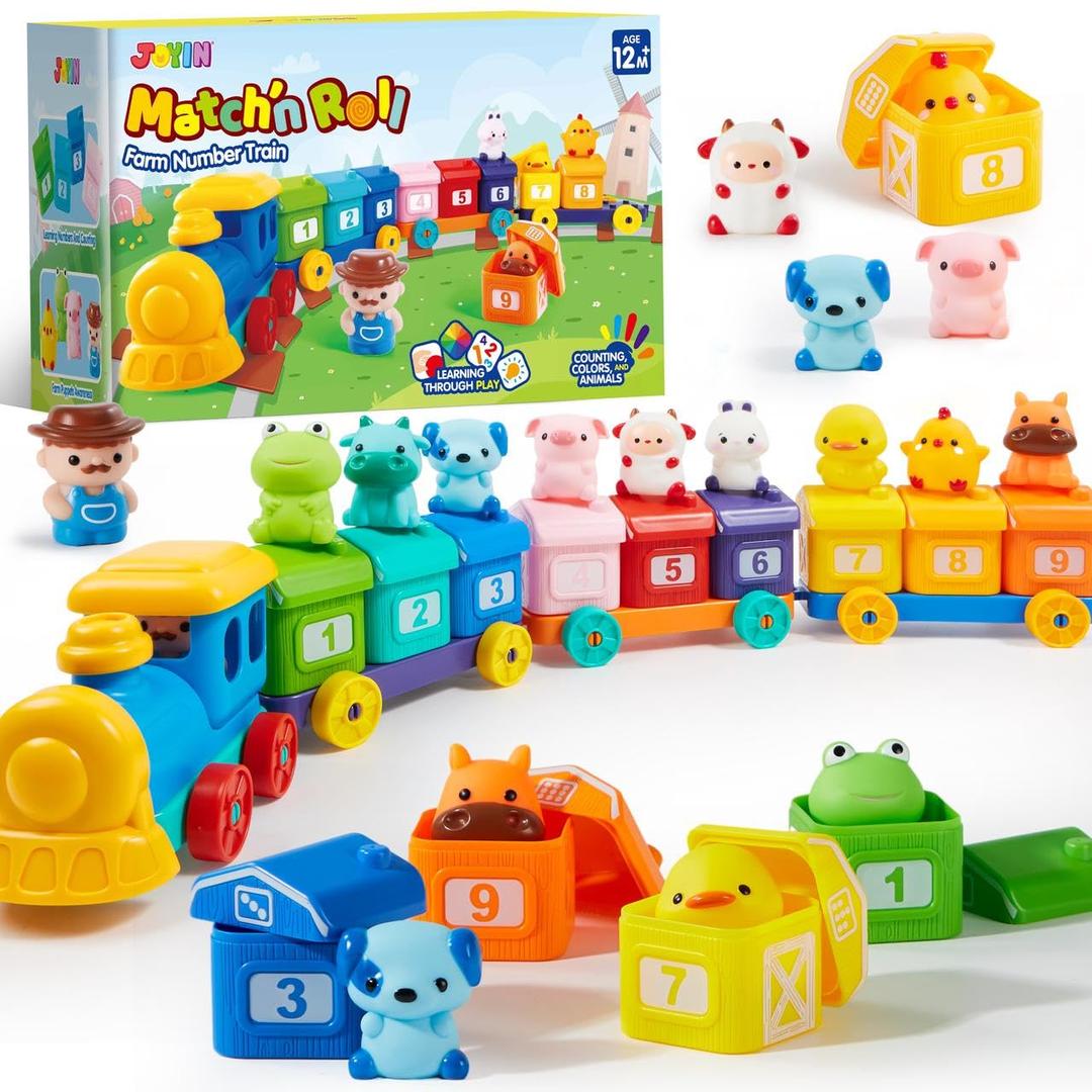 Learning Toy for Toddlers 1 2 3 Years Old, Counting, Matching & Sorting Montessori Learning Farm Train Including 9 Farm Animals and 1 Farmer, Christmas Birthday Gift for Baby Boys Girls