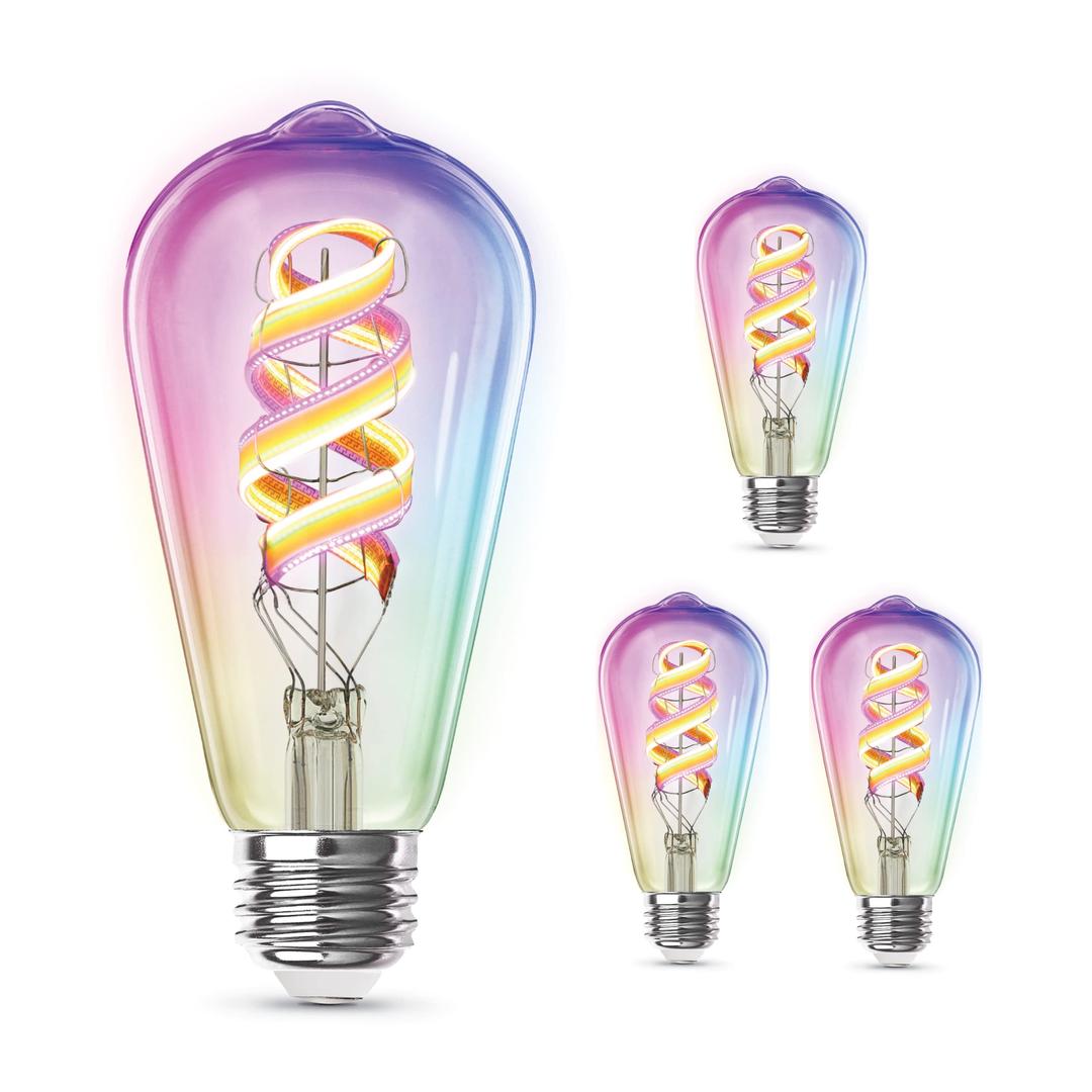 Feit Electric Smart Edison WiFi Bulbs, RGBW Multicolor, 2.4GHz No Hub Required, App Control, Dimmable, ST21 LED Filament Smart Bulb, 4 Pack, ST2160/RGBW/FIL/AG/4