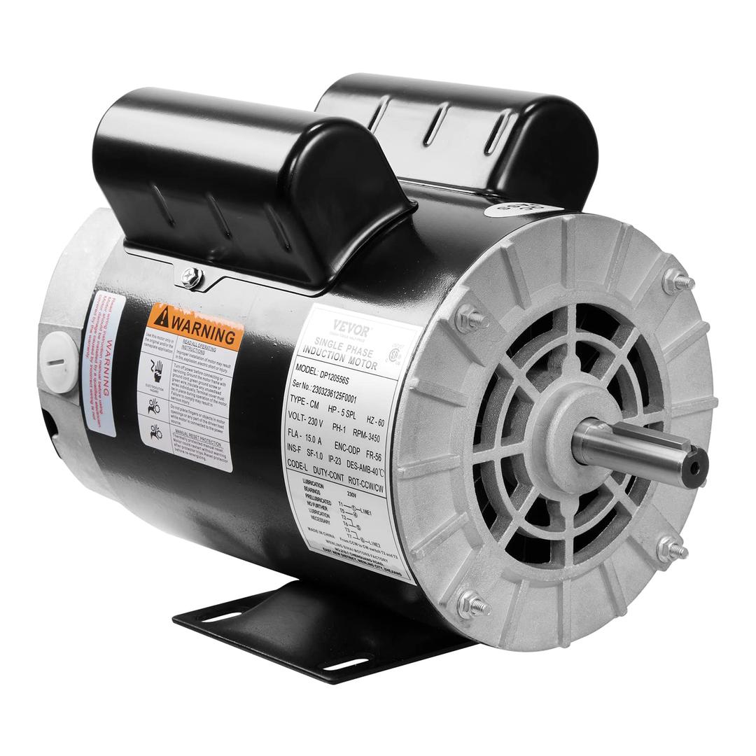 VEVOR 5HP SPL Air Compressor Electric Motor, 230V 15.0Amps, 56 Frame 3450RPM, 5/8" Keyed Shaft, CW/CCW Rotation, 1.88" Shaft Length for Air Compressors