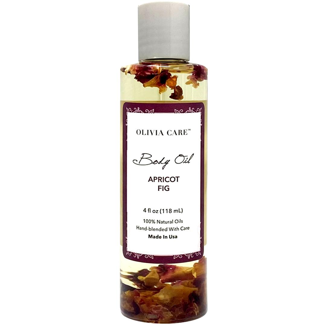 Olivia CareBody Oil Apricot Fig Vegan & Natural Moisturizing - Infused with VITAMIN E, K & Omega Fatty Acids - Refreshing Fragrance - Reduce Dry Skin, Anti-Aging Properties (Apricot Fig)