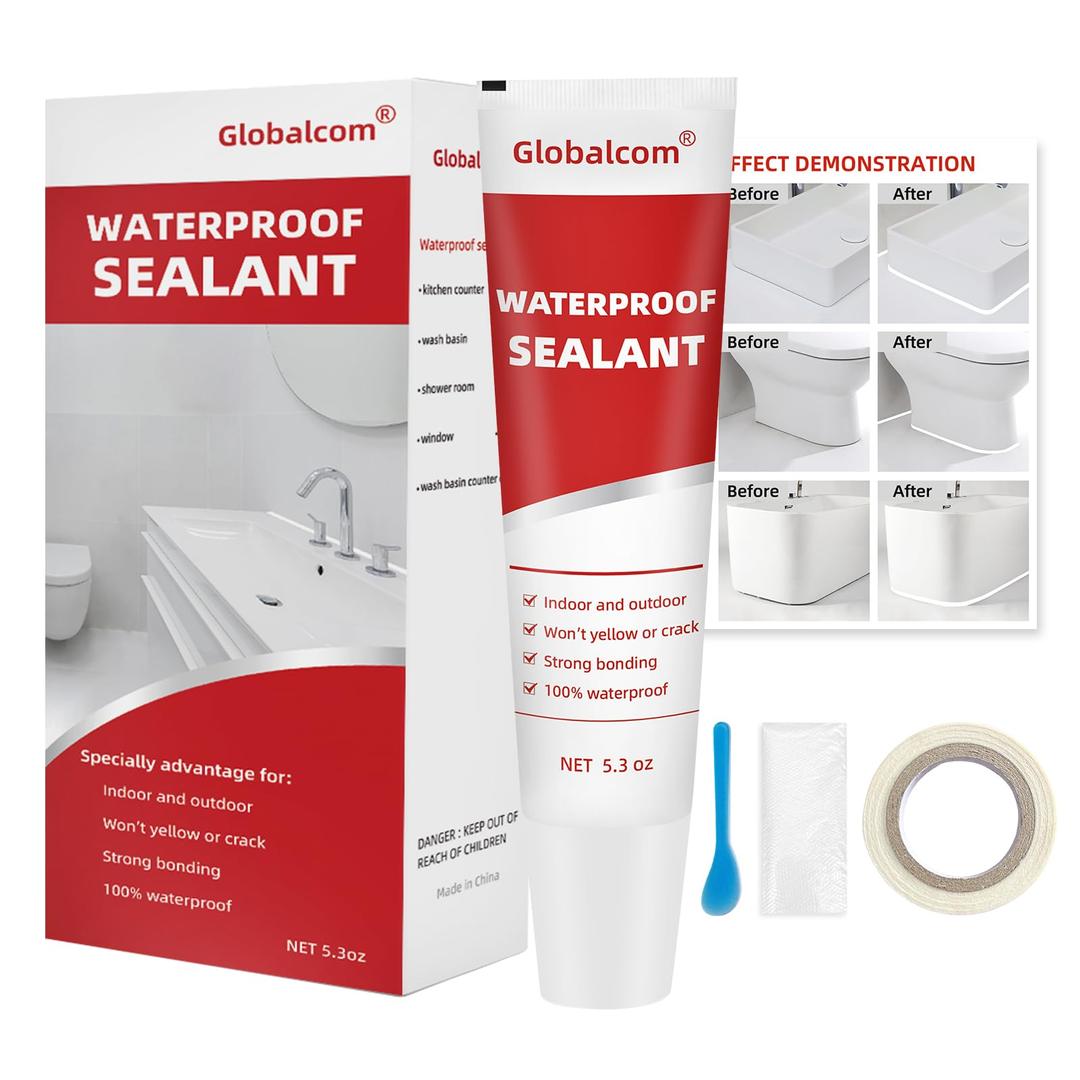 GlobalcomAdvanced Silicone Caulk for Kitchen & Bathroom - 100% Waterproof Silicone Sealant for Interior and Exterior Use, Stronger Adhesion, Shrink & Crack Proof - 5.3 oz White