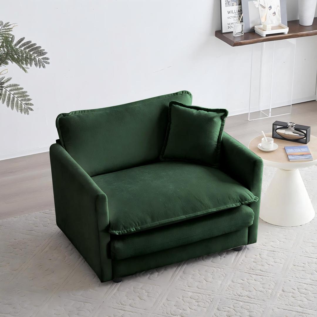 Chenille Single Sofa Chair - 41.4”W Oversized Accent Chair, Modern Upholstered Deep Seat Comfy Armchair with Pillow for Living Room Bedroom Apartment, Emerald Green