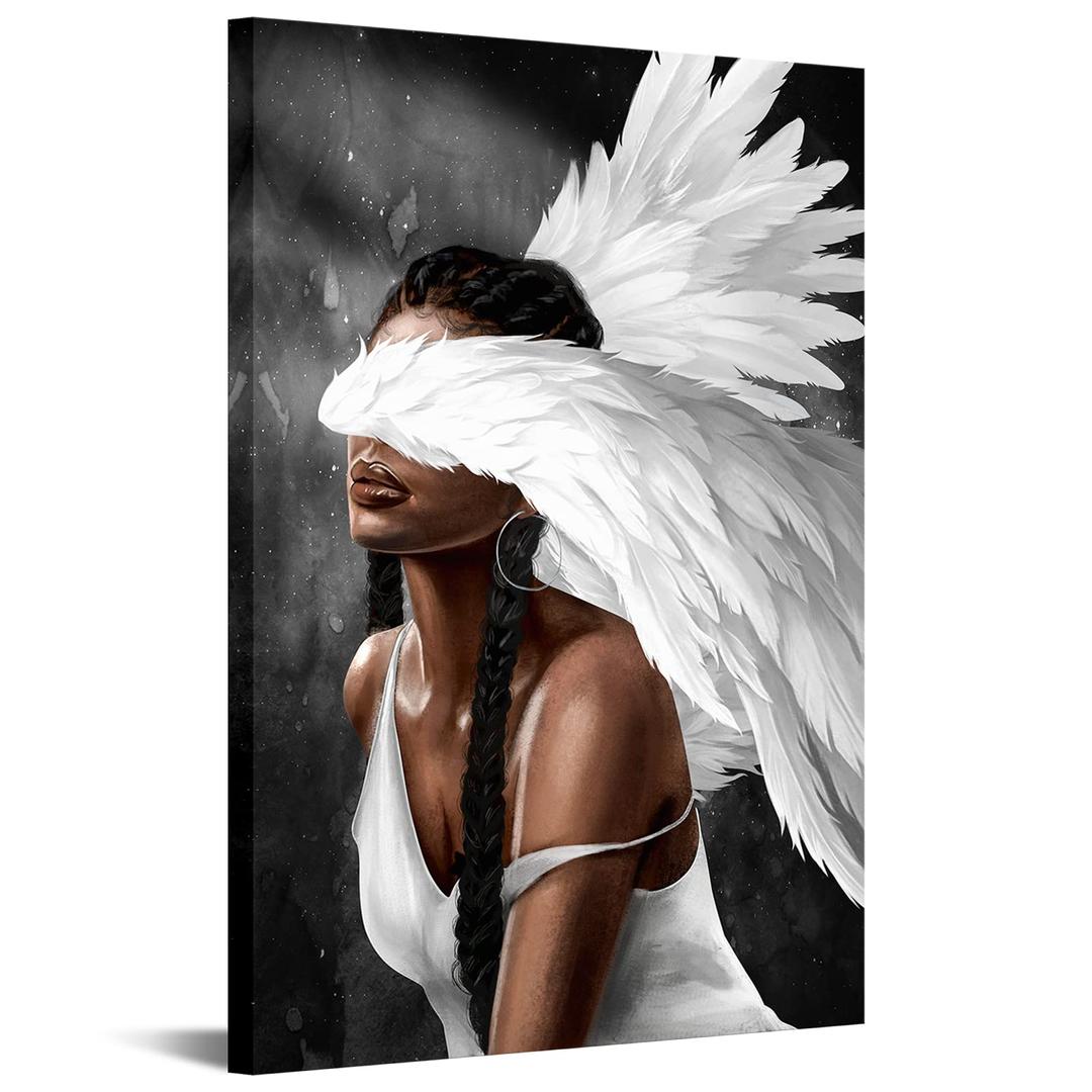 LevvArts Angel Wall Art Black Woman with Angel Wings Painting Prints on Canvas Modern Abstract Girl Picture Artwork for Home Living Room Bedroom Decor Stretched and Framed Ready to Hang 24x36Inch