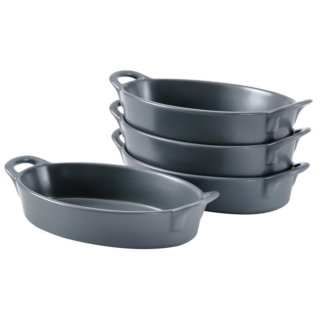 Bruntmor8" x 5" Oval Porcelain Ceramic Deep Dish Pie Pan Set of 4, Double Handle Au Gratin Baking Dishes, Oven Safe Roasting Lasagna Pan For kitchen- Gray