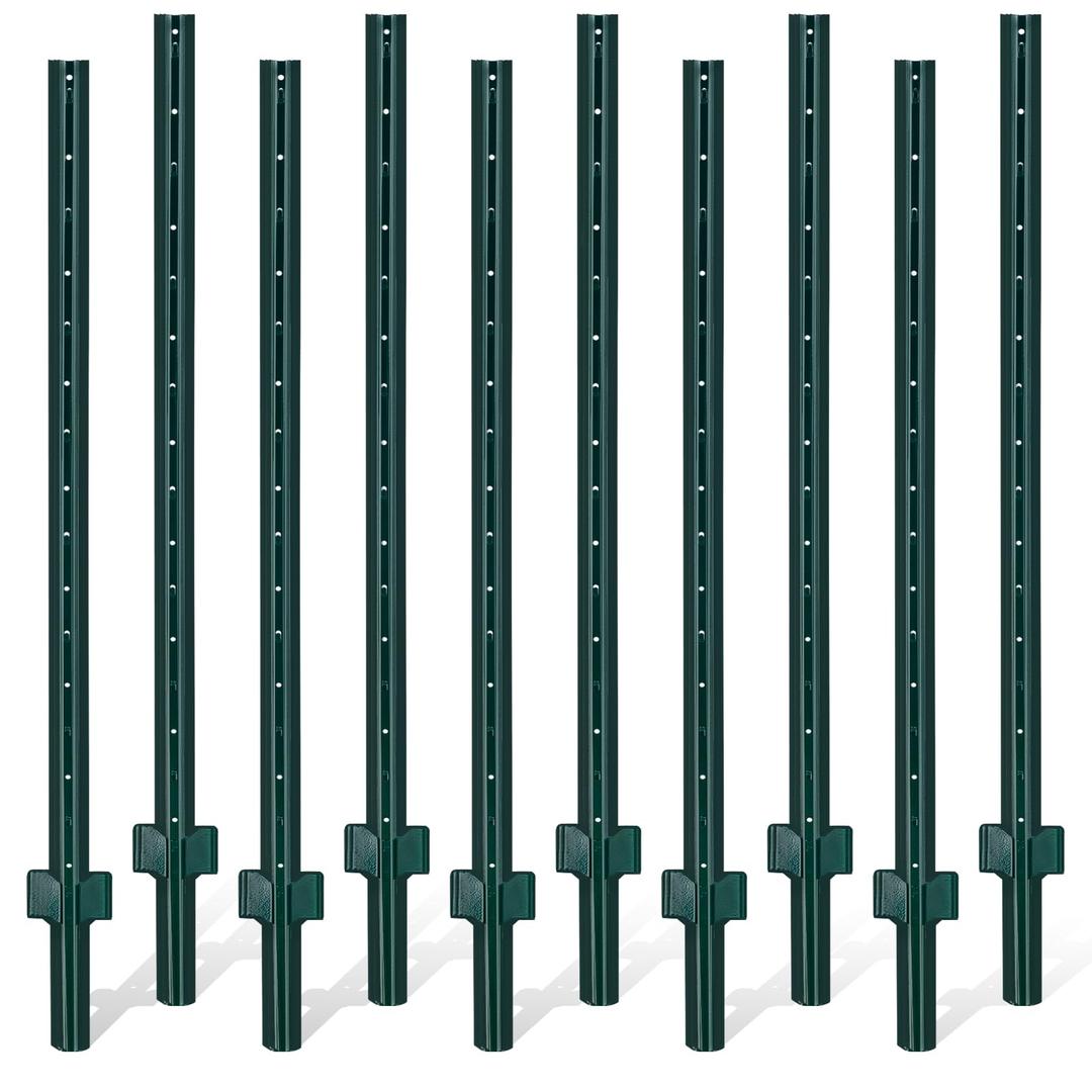 Gtongoko 3 Feet Sturdy Duty Metal Fence Post, Pack of 10, U Post for Fencing Green Fence Posts for Garden Yard and Outdoor Wire