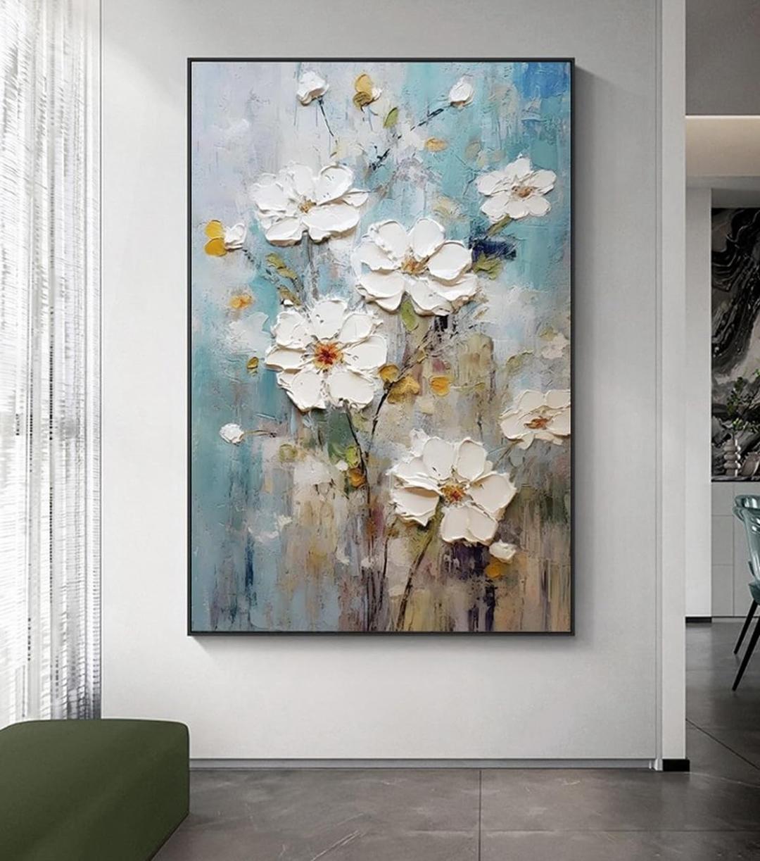 Hand-Painted White Flowers Oil Painting On Canvas for Living Room-Black Framed Floral Canvas Wall Art for Office-Large Modern Artwork Framed Ready to Hang for Home Decoration 32x48 inches