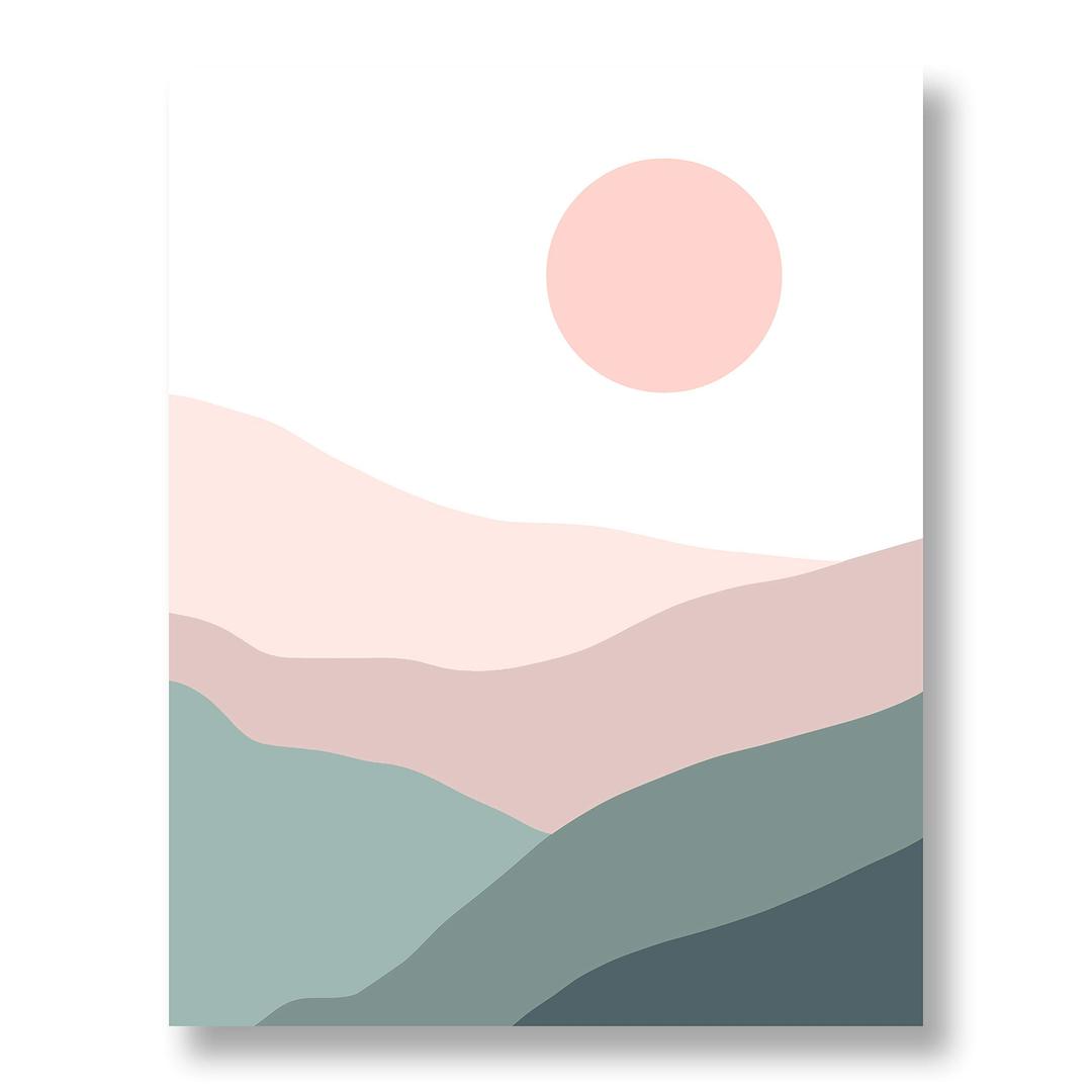 Pink Sun Rise Abstract Landscape Wall Art | Mauve, Blush, Sage Green, Blue and White 11x14 UNFRAMED Print | Calming, Neutral, Nursery, Minimalist, Trending Home Decor