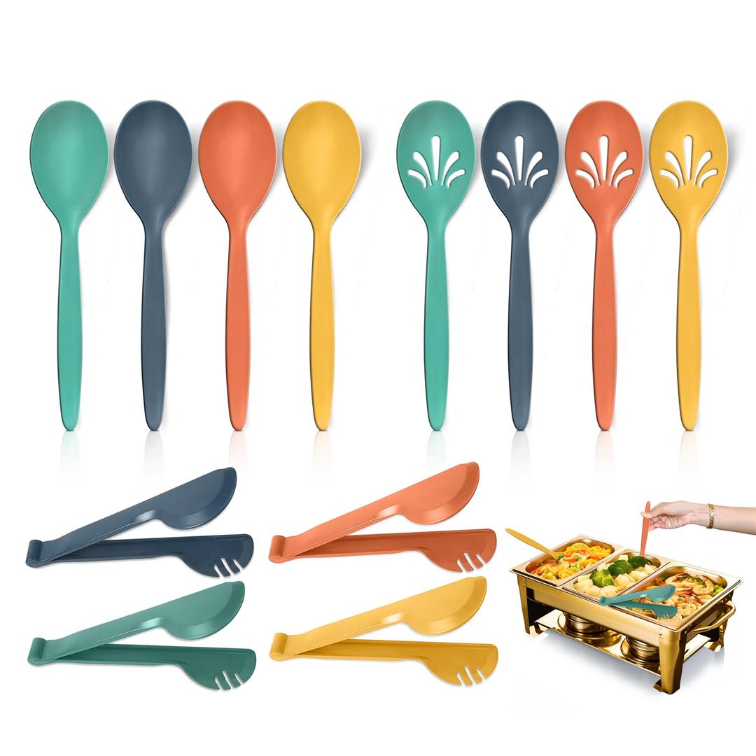 Reusable Plastic Serving Utensils Set of 12, Wheat straw Large Serving set 10" Serving Spoons/10" Slotted Spoons/9.4" Tongs, for Party Chafing Dish Buffet Catering (Orange/Blue/Yellow/Green)