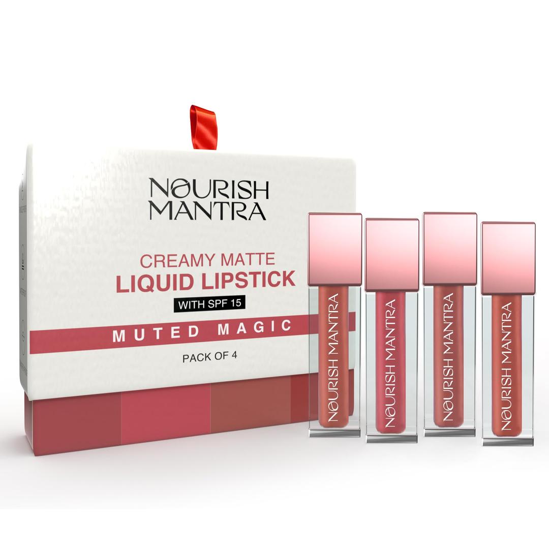 Nourish Mantra’s Muted Magic Matte Liquid Lipstick with SPF/Mini Lipstick/Water Proof/Smudge Proof/Transfer Proof/Long Lasting/Suits All Skin Tones/Lipstick Set of - 4 (1.2ml Each).