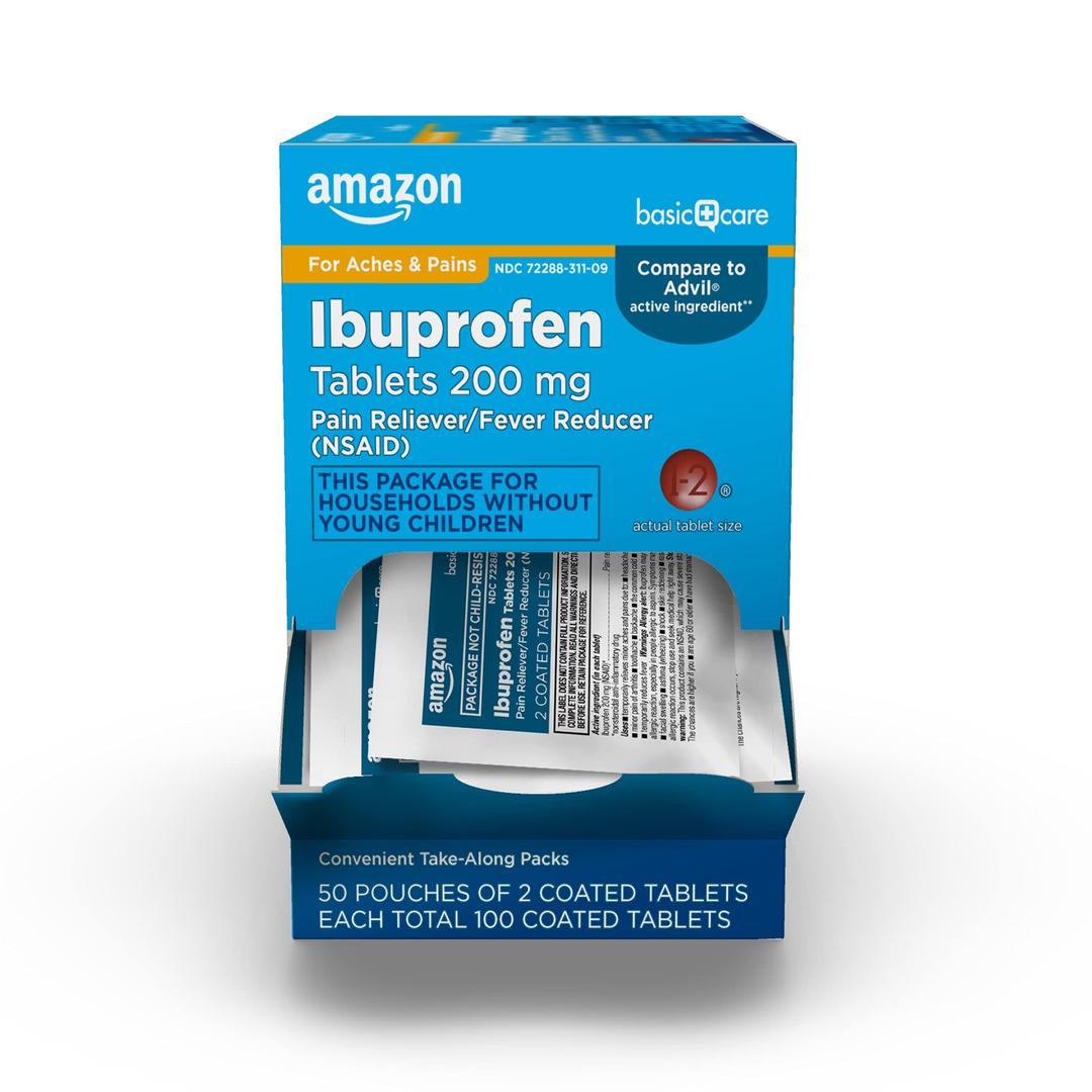 Amazon Basic Care Ibuprofen Tablets, 200 mg, Pain Reliever and Fever Reducer, For Headache, Muscular Aches, Arthritis, Backache and More, 100 Count (Pack of 1)