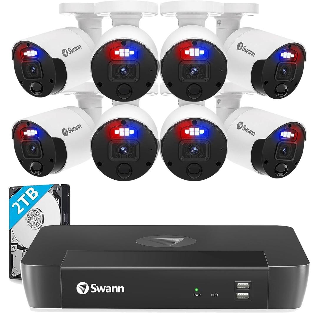 SWANN Professional 4K 8 Channel Home Security Camera System, 2TB NVR, 8 PoE IP Cameras Outdoor, 8MP Wired Surveillance CCTV, Heat Motion Detection, LED Light, 24/7 Recording Security Camera, 879808