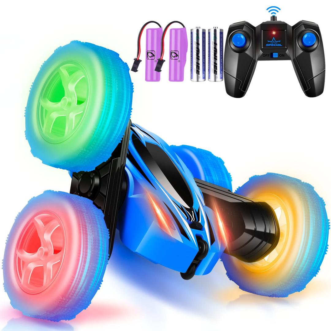 Remote Control Car, 360° Rotating RC Stunt Cars with Wheel Lights and Headlights,4WD 2.4Ghz Double-Sided Fast and Flips RC Cars for 6-12 Year Old Kids Xmas Toy Cars for Boys Girls(Blue)