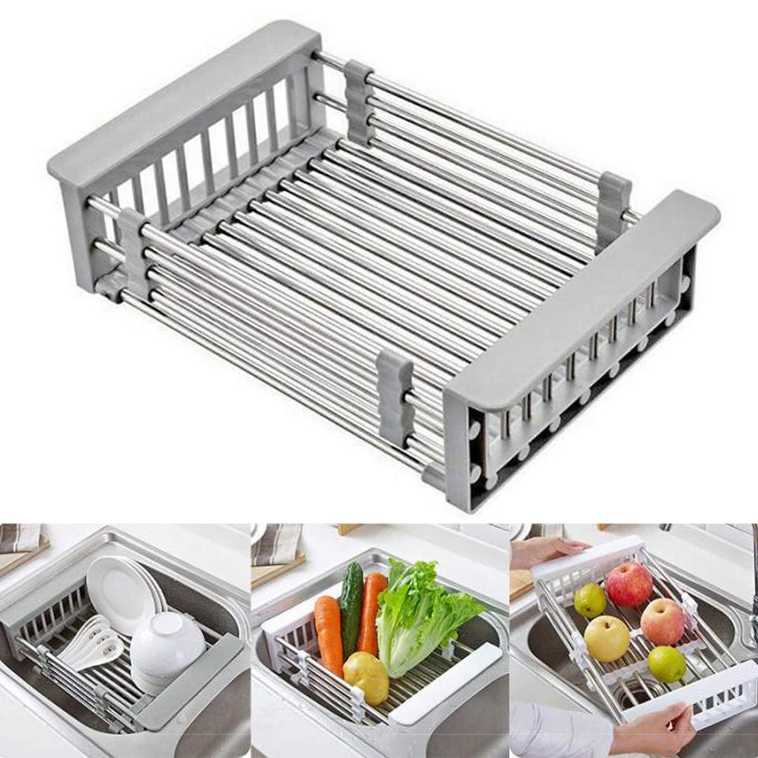 CARNAVAL Stainless Steel Kitchen Drying Rack, Retractable Drain Basket with Adjustable Armrest, Over The Sink Dish Drying Rack