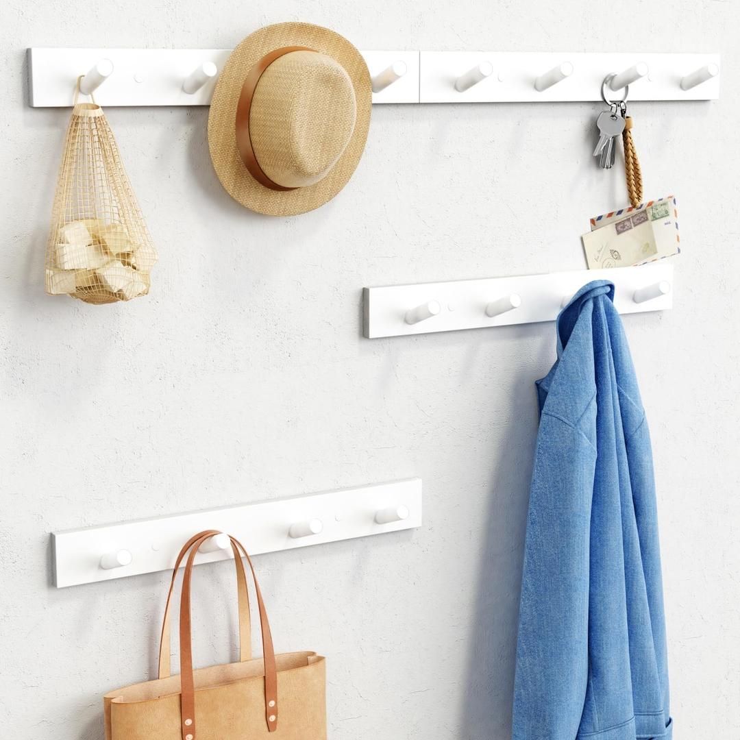 Forbena White Coat Hooks Wall Mount for Hanging 4 Pack, 16 Inch Wood Entryway Coat Rack Wall Mounted Heavy Duty, Modern Large Wall Hooks for Hats Kids Clothes Bags Purses Caps Closet - 16 Hooks