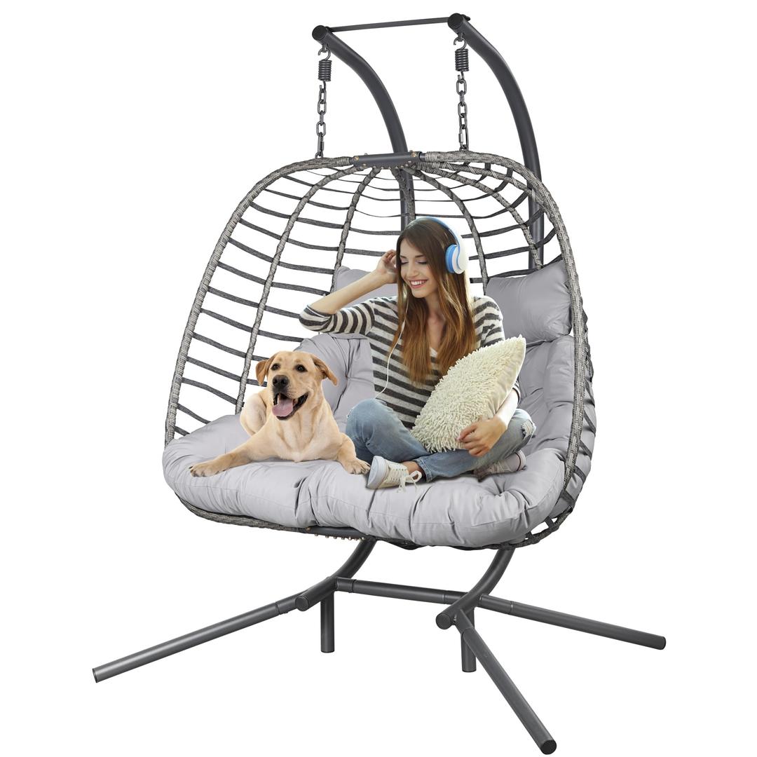 Double Hanging Egg Chair wth Stand, Patio Hammock Swing Chair with Cushion Loveseat for Bedroom, Balcony, Garden, Indoor, Outdoor