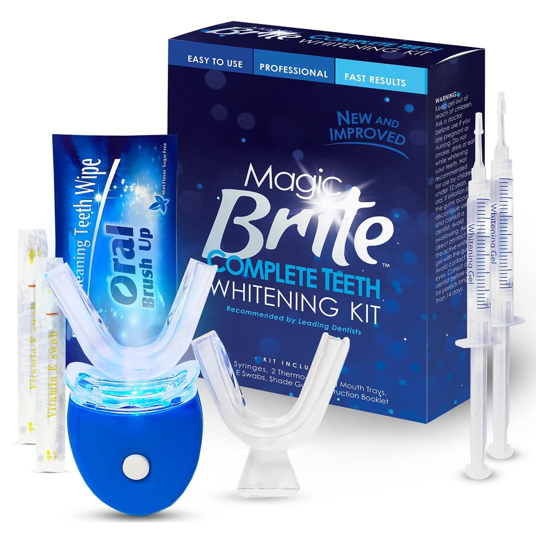 MagicBrite Complete Teeth Whitening Kit at Home Whitener - LED Light, 35% Carbamide Peroxide, 2 Mouth Trays, (3) 3ml Gel Syringes, Painless Effective