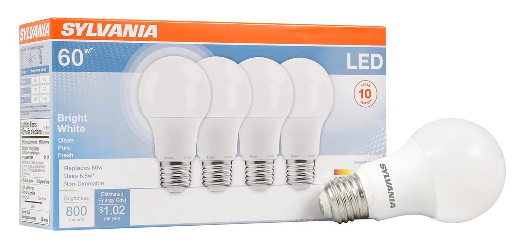 SYLVANIA LED Light Bulb, 60W Equivalent A19, Efficient 8.5W, Medium Base, Frosted Finish, 800 Lumens, Bright White - 4 count (Pack of 1) (79704)