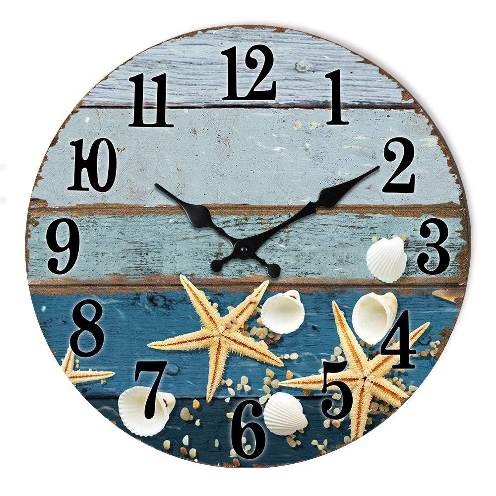 Seashell Wall Clock, 12 inches, Silent Non-Ticking Quartz Mechanism, Easy to Read, Lightweight Wooden Beach Theme