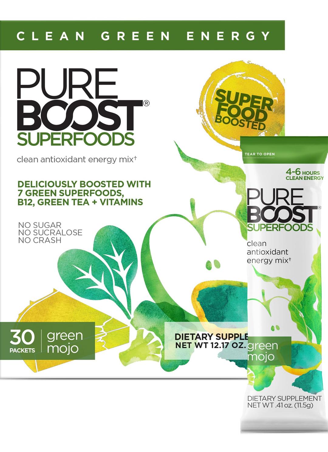 Pureboost Superfoods Clean Energy Booster, Refreshing Energy Drink Mix with 7 Organic Green Superfoods Powder; Spirulina, Kale, Broccoli and Vitamins. Naturally Flavored with Green Apple, Pineapple, Mango. (Green Mojo, 30 Count)