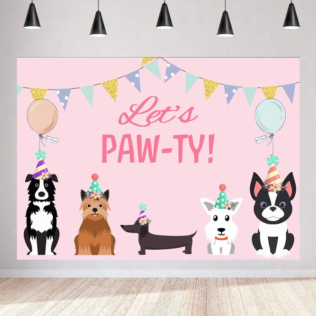 7x5ft Puppy Dog Happy Birthday Themed Backdrops Let's Paw-ty Doggy Pet Pink Girl Photography Backdrop Birthday Banner for Puppy Birthday Party Photo Booth Backdrop Vinyl Birthday Party Decorations