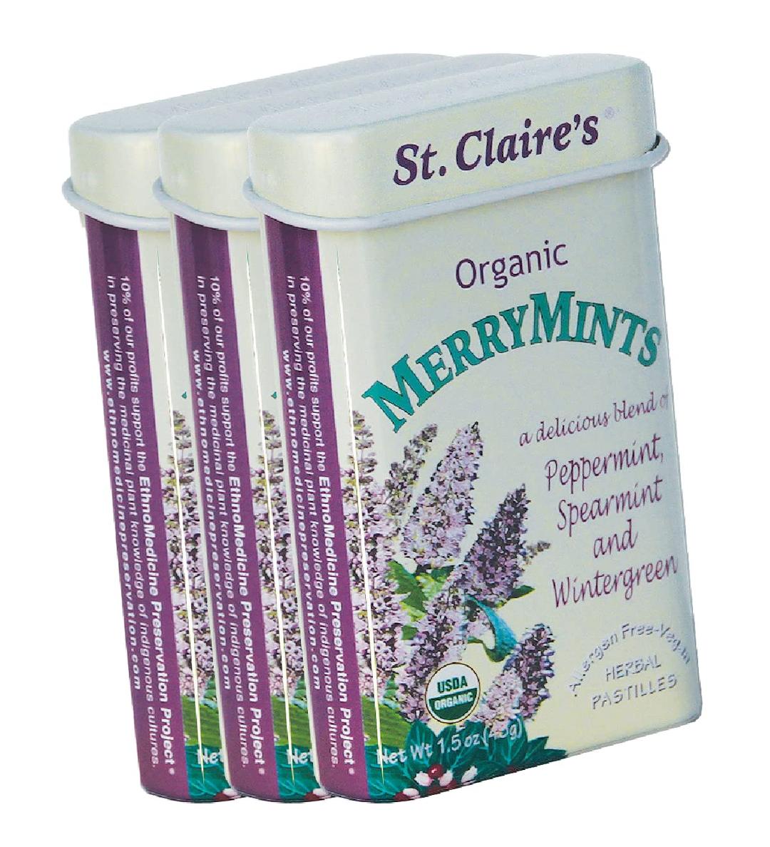 St. Claire's Organics Merrymints Organic Breath Mints, 1.5 Ounce Tin, Bundle of 3, Gluten-Free, Vegan, GMO-Free, Plant-based, Allergen-Free, Made in USA