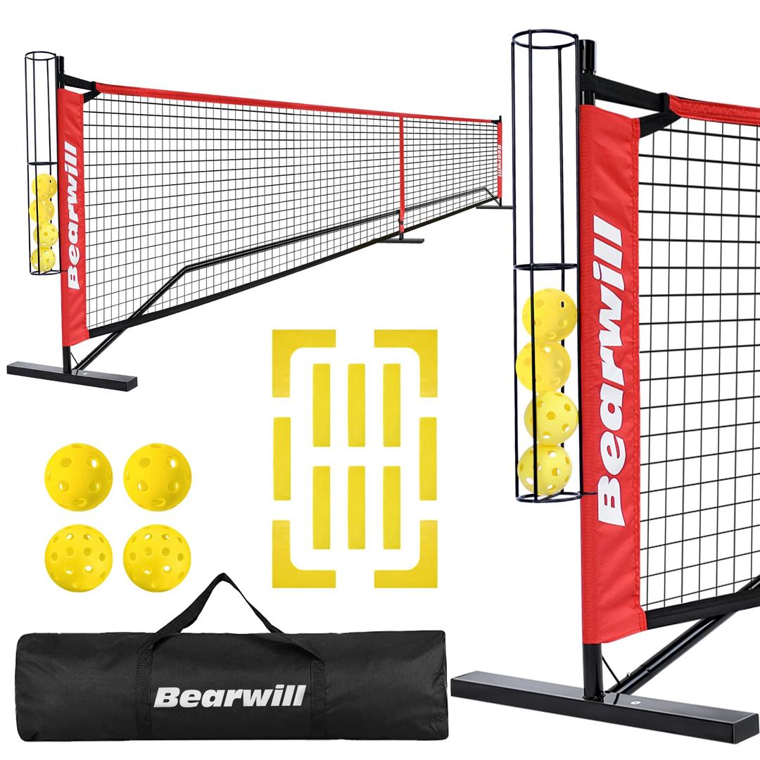 Pickleball Net, 22 FT Pickleball Net for Driveway, Regulation Size Portable Pickle Ball Net for Outdoor Backyard, Steady Metal Frame with Court Marker, Ball Holder, 4 Pickleballs & Carry Bag