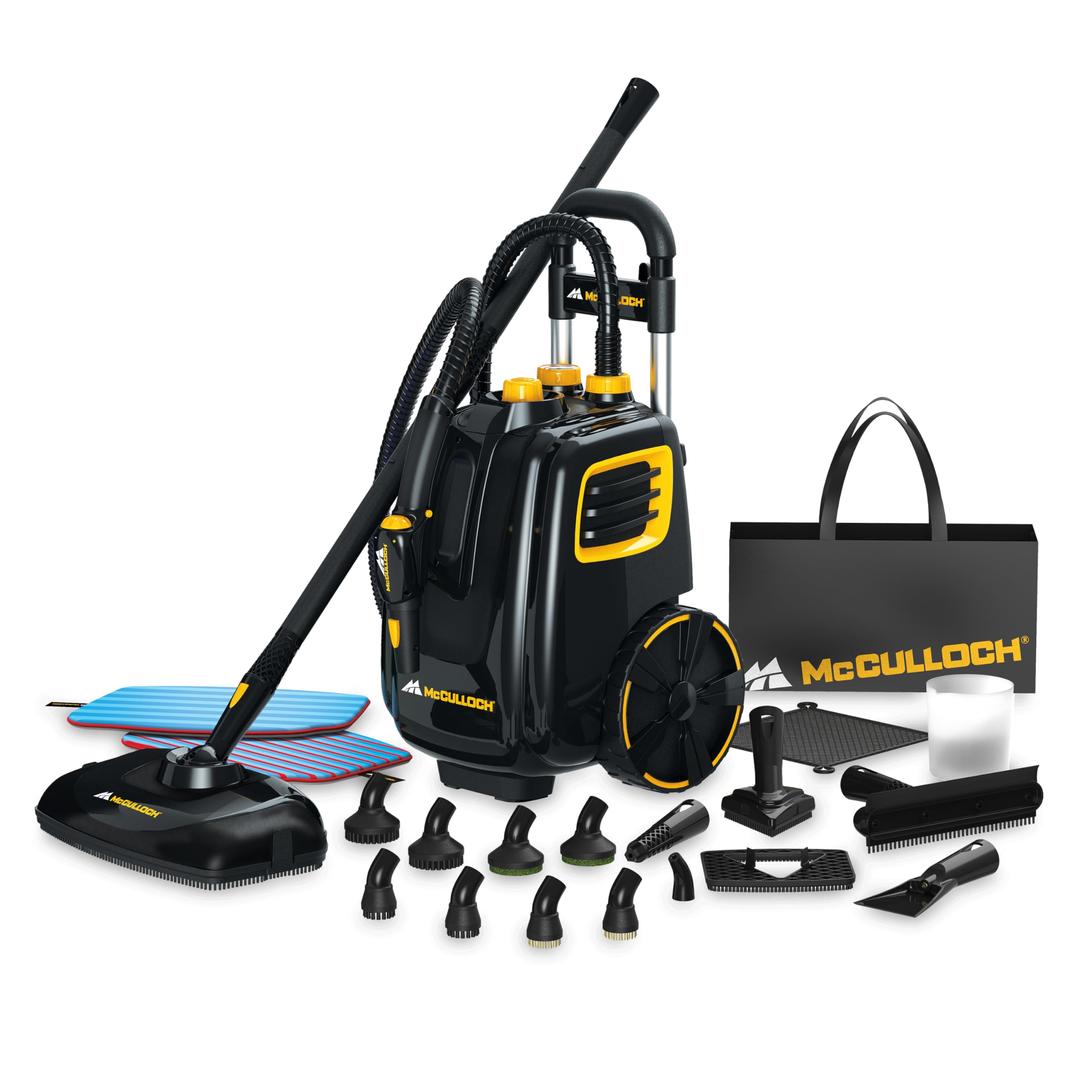 McCULLOCHMC1385 Deluxe Canister Steam Cleaner with 23 Accessories, Chemical-Free Pressurized Cleaning for Most Floors, Counters, Appliances, Windows, Autos, and More, 1-(Pack), Black