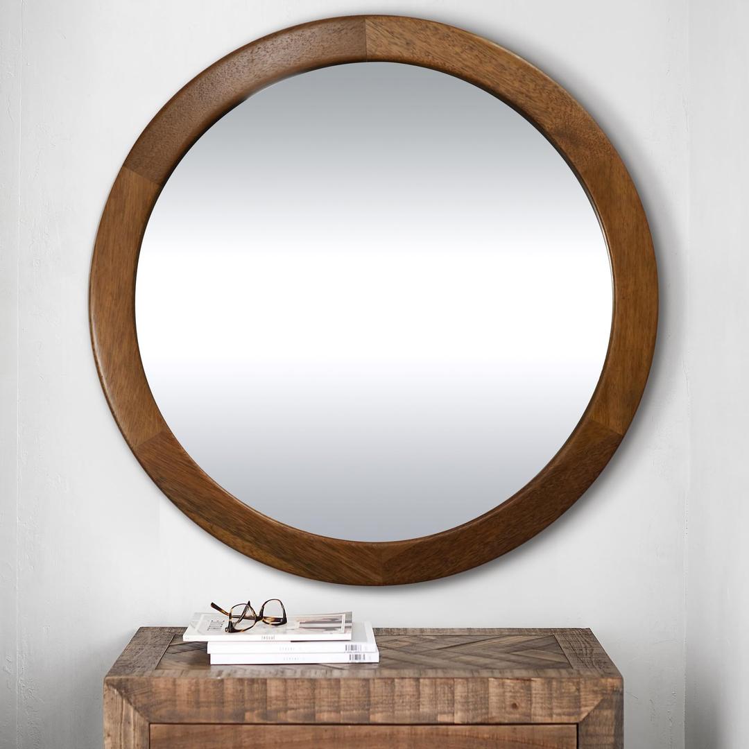 Round Mirror 36 Inch,Wood Rustic Bathroom Tempered Wall Mirror with Walnut Frame,Farmhouse Wooden Vanity Circle Mirror for Living Room,Entryway or Bedroom（Walnut Brown）