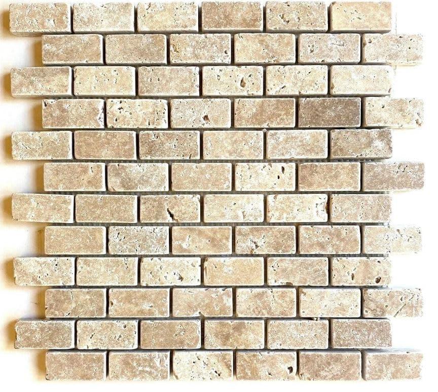 Squarefeet Depot1x2 Walnut Travertine Tumbled Natural Stone Mosaic Brick Joint on Mesh Mount for Wall and Floors (1)