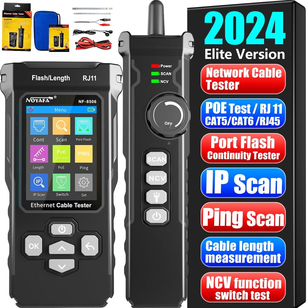 NOYAFANF-8506 Network Cable Tester with IP Scanne Network Rate Test,/NCV POE/Ping/TDR CAT5 CAT6,Network Tester Cable Toner for RJ11 RJ45 LAN Ethernet Cable Tester Telephone Cable Finder Network Tool