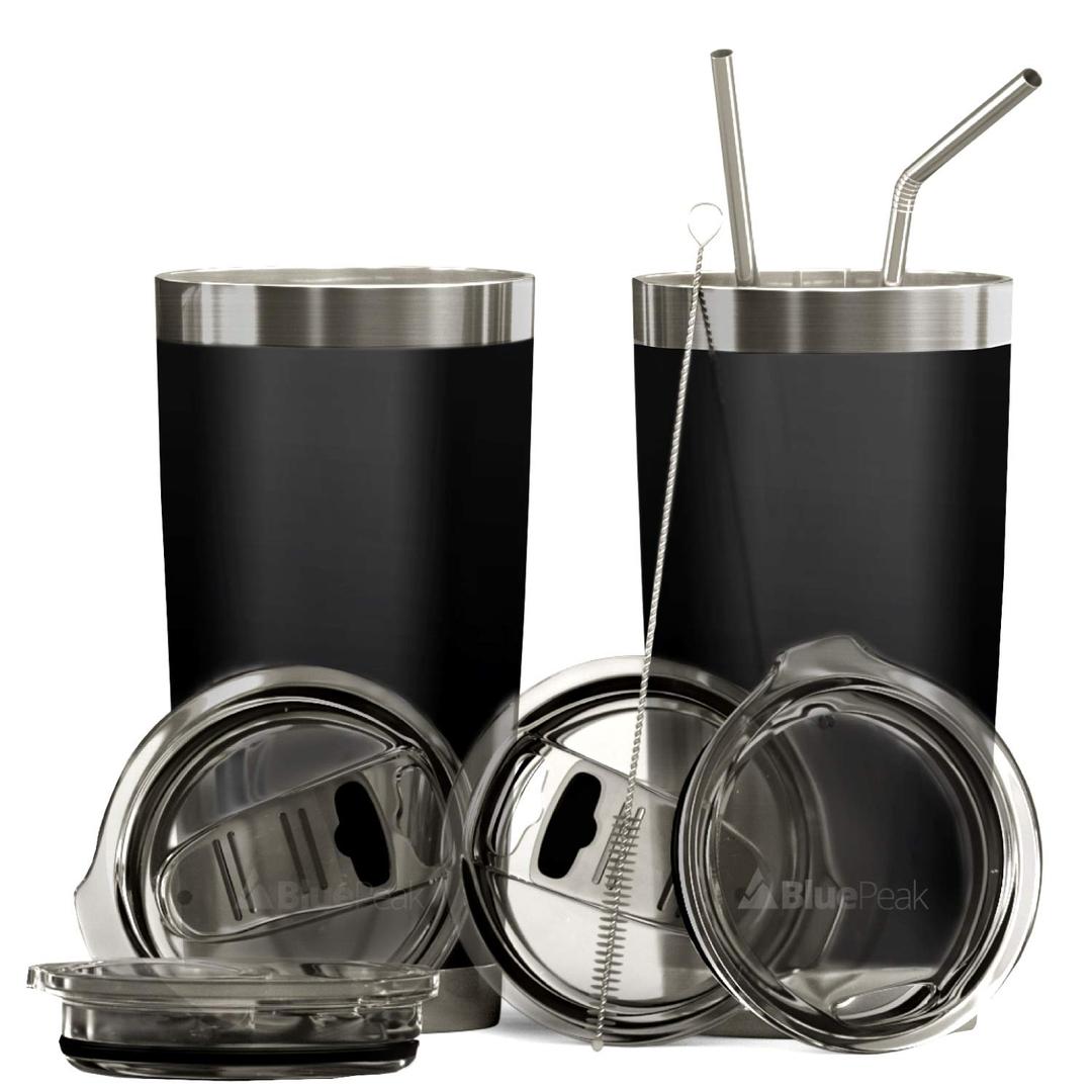 BluePeakDouble Wall Vacuum Stainless Steel Insulated Tumblers Set, 2-Pack - Includes 2 Sipping Lids, 2 Spill-Proof Sliding Lids, 2 Straws, 1 Cleaning Brush & Gift Box (20 oz, Black)