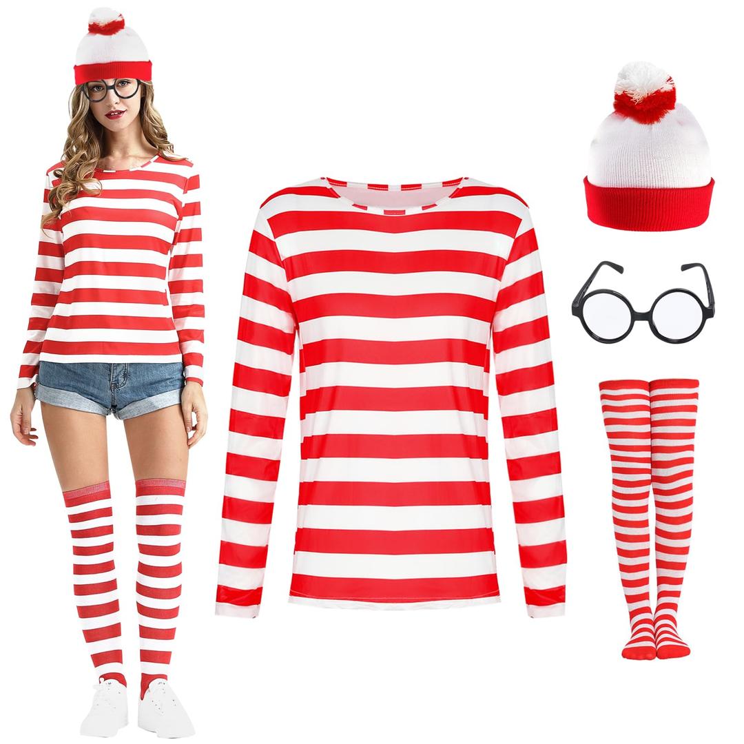 MprocenRed White Costume Set Men Women's Adult Halloween Cosplay Funny Striped Shirt Beanies Hat Wizard Glasses Socks Suits