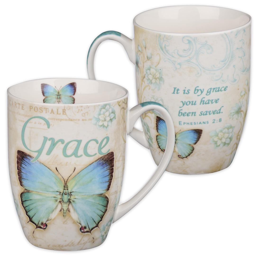 Christian Art Gifts Botanic Blue Butterfly Ceramic Coffee Mug – Inspirational Coffee Cup for Women & Men 12 oz. Lead-free Microwave and Dishwasher Safe Coffee Mug with Bible Verse: Grace - Eph. 2:8